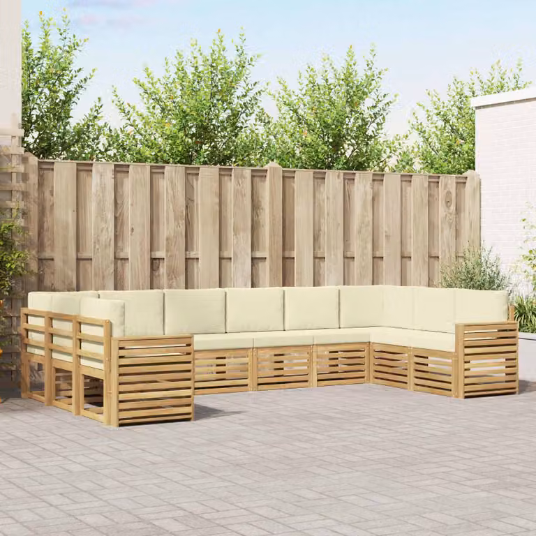vidaXL Set di divani da esterno a L in legno di acacia con cuscini, Bianco e Beige