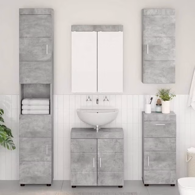 Set di mobili da bagno moderno vidaXL in MDF grigio e argento, composto da mobile lavabo, armadietto con specchio, pensile e colonna, con illuminazione LED e montaggio a parete