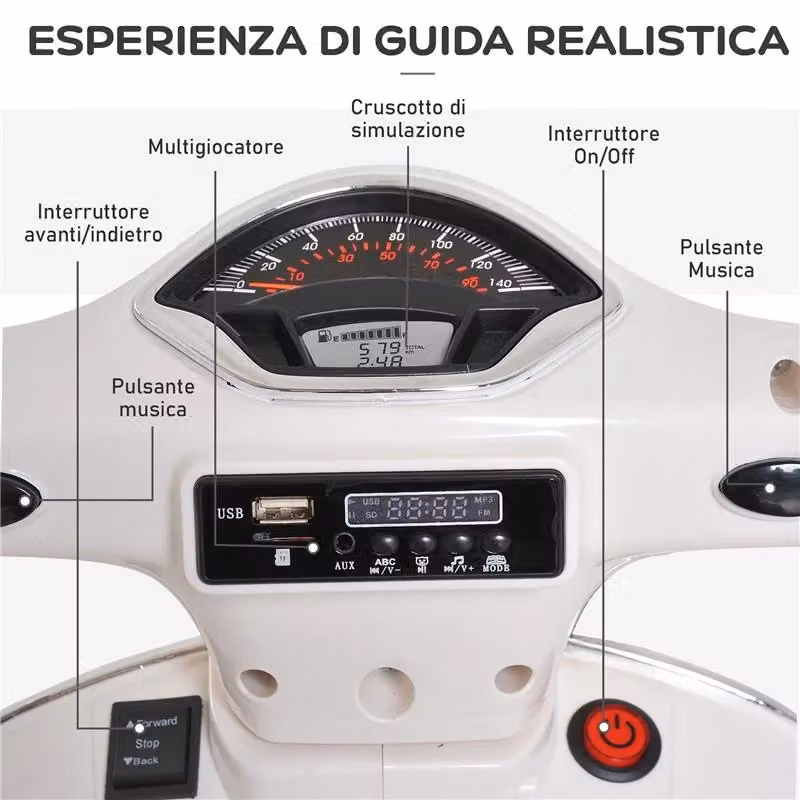 Moto elettrica per bambini design Vespa con luci e suoni, batteria ricaricabile, colore bianco – 2