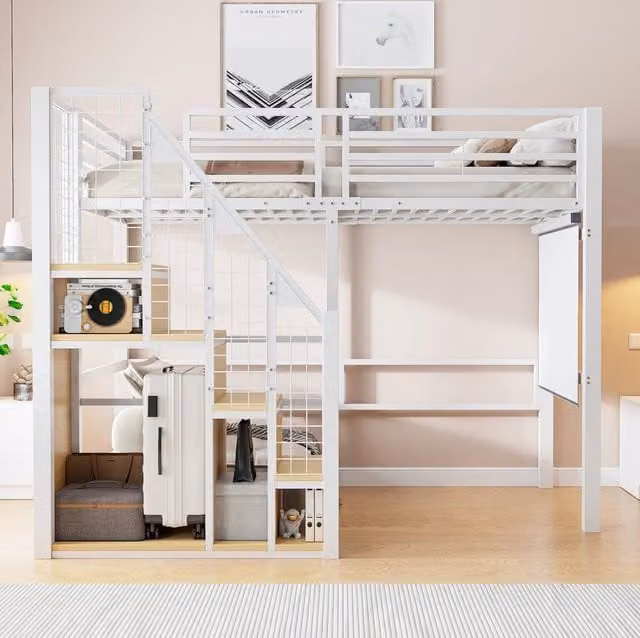 Letto a Castello in Ferro 90x200 cm con Scala di Sicurezza e Spazio di Conservazione, Letto Singolo per Bambini e Ragazzi, Nero