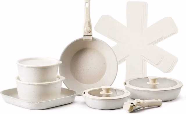 Set 17 Pezzi Pentole e Padelle Antiaderenti con Manico Rimovibile per Induzione e Forno Bianco SS-LY-01
