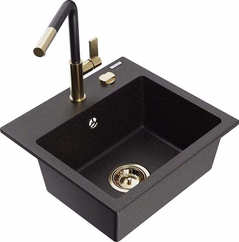 Mexen Milo lavello da cucina in granito 1-vasca con miscelatore cucina Flora, nero/oro metallico - 6505-75-670401-57-G