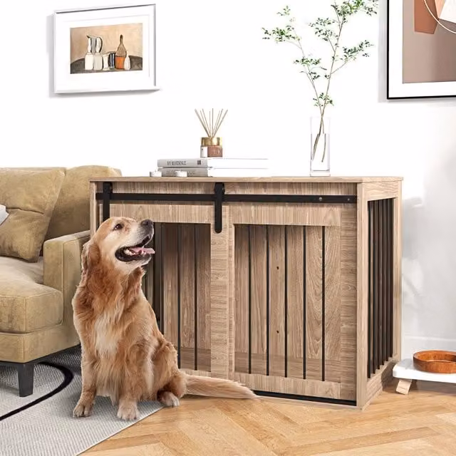 Gabbia per cani WISHDOR con piano d'appoggio, struttura in acciaio e finitura effetto legno noce, colore marrone, L: 98 cm, P: 58 cm, H: 61 cm