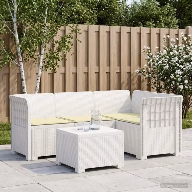 Set da giardino moderno vidaXL a forma di L con divano angolare e tavolino, colore bianco e beige, con cuscini imbottiti e resistenti alle intemperie