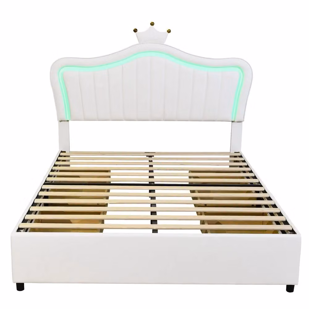 Letto imbottito singolo Minimal bianco in similpelle con cassetti e illuminazione LED L/P: 140 x 200 cm – 2