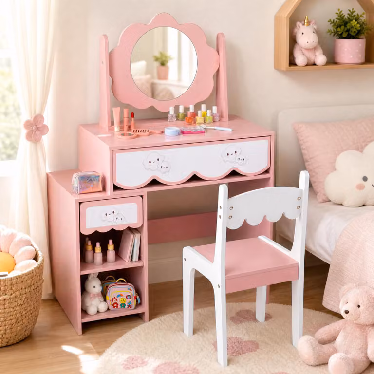 Costway Toeletta trucco bambina con sedia e specchio girevole, Tavolo da toeletta con ampio piano 2 cassetti 2 scomparti e ripiano regolabile per cameretta