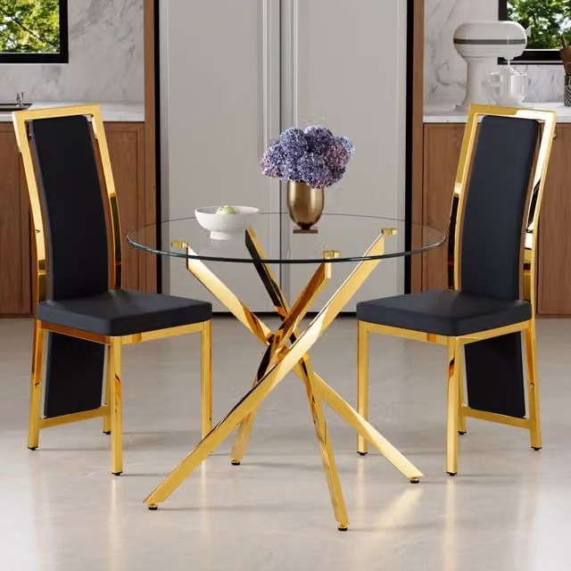 Set da pranzo 88x88x75 cm in vetro temperato e metallo nero e dorato per spazi piccoli –