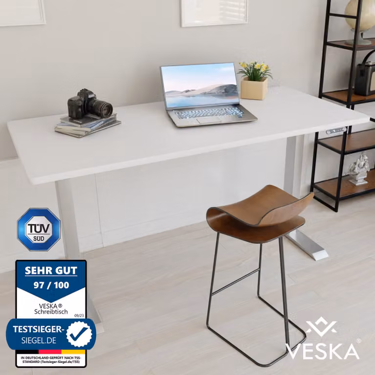 Scrivania regolabile in altezza (140 x 70 cm) - Scrivania Sit & Stand - Scrivania elettrica regolabile in altezza con touchscreen e gambe in acciaio - Argento/Bianco