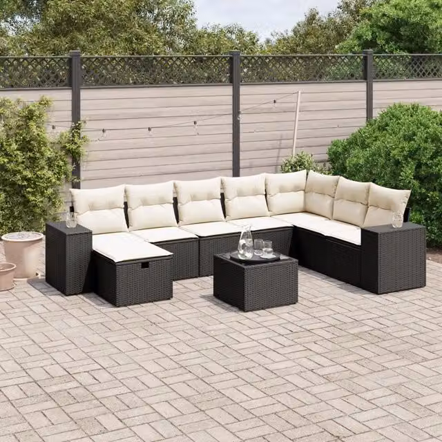 Set Divani da Giardino 9 pz con Cuscini Nero in Polyrattan 3264522