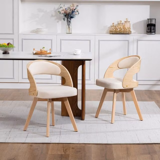 Set di 2 sedie da pranzo girevoli in legno con rivestimento in lino beige