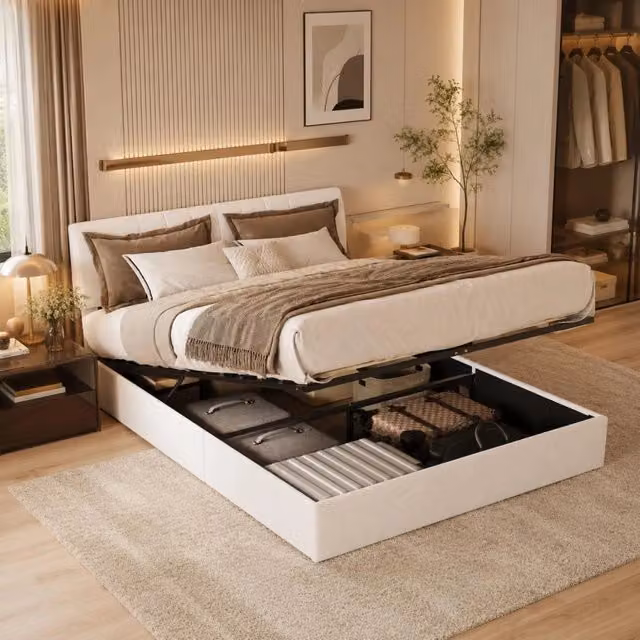 Letto Matrimoniale 160 x 200 cm;Letto Contenitore con contenitore idraulico;Testiera imbottita con USB;Velluto;Beige