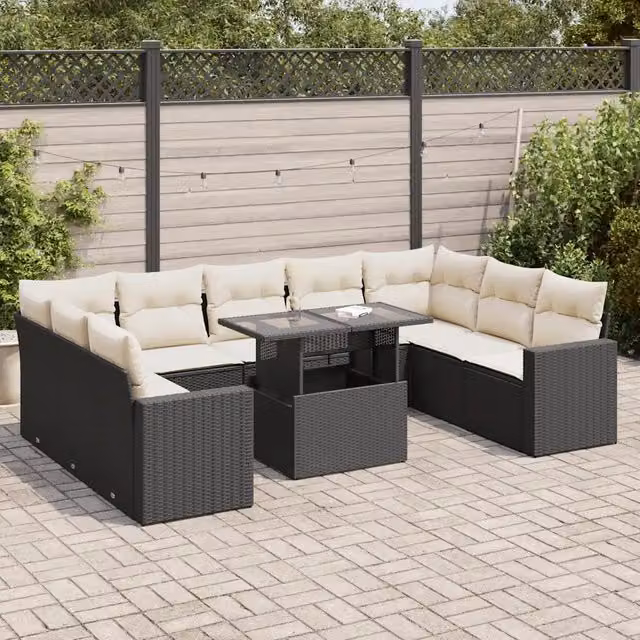 Set Divani da Giardino 10pz con Cuscini in Polyrattan Nero 3326377