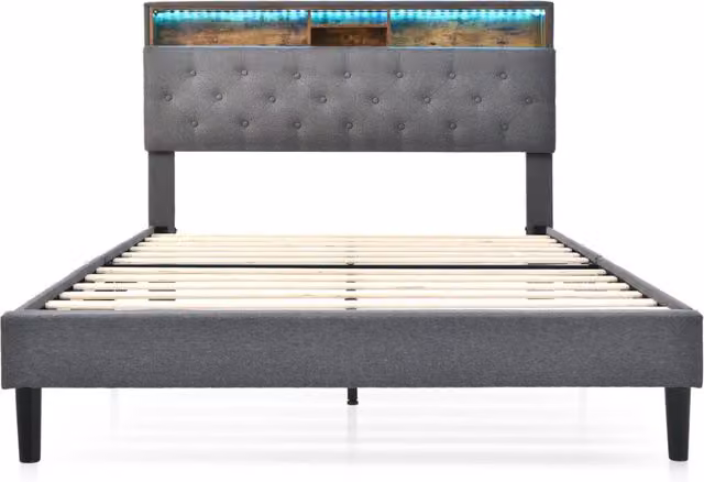 Letto matrimoniale imbottito con contenitore e testata LED 140x200 cm grigio con materasso a molle