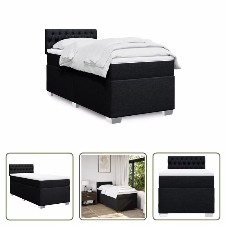 The Living Store Letto a molle con materasso nero 90x200 cm in tessuto