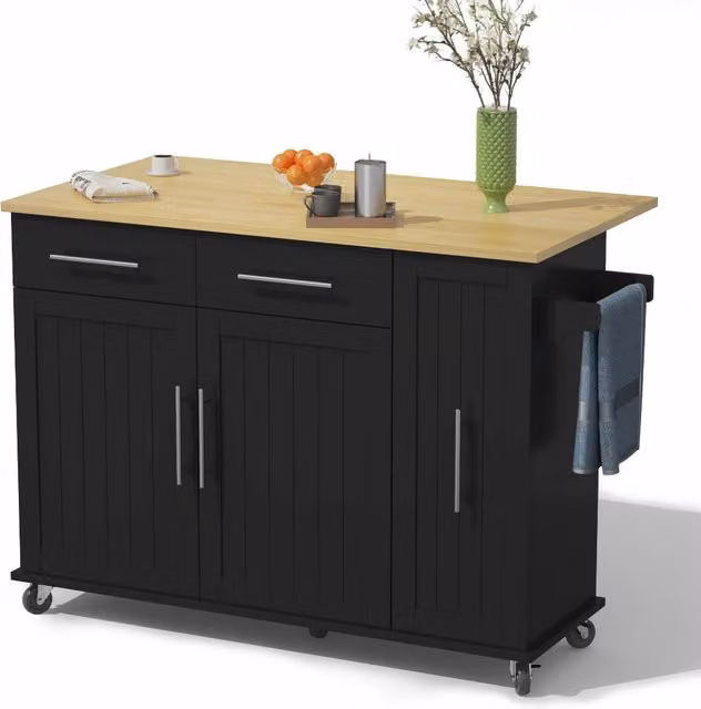 Carrello da cucina moderno nero con organizer estraibile a 3 livelli, piano a ribalta e ripiani interni in MDF, L: 120 cm, P: 40 cm, H: 90 cm