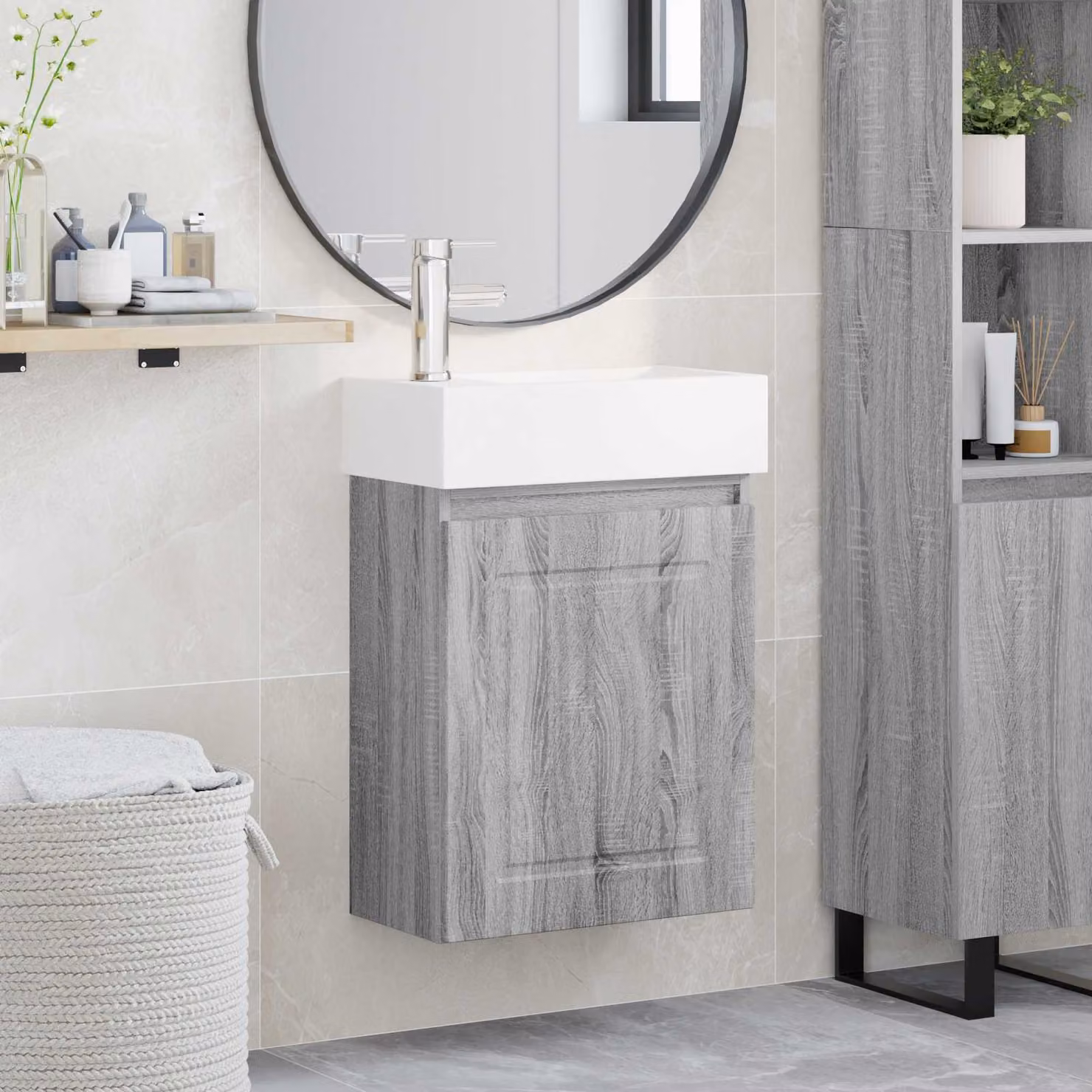 Mobile bagno moderno vidaXL in legno Sonoma grigio con rubinetto L/P/H: 45,5 x 22,5 x 84 cm