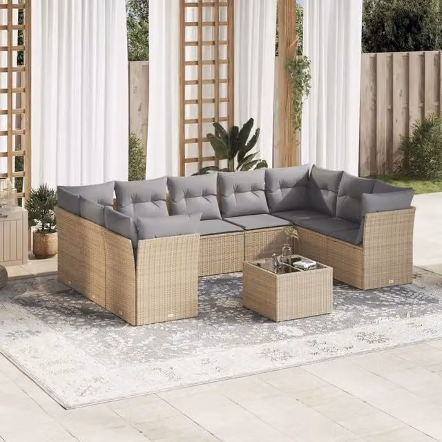 Set Divano da Giardino Moderno VIDAXL in Polyrattan con Cuscini Beige, 10 Pezzi