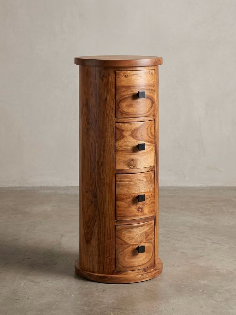 Comò rustico in legno di sheesham con 4 cassetti, elegante arredamento in stile Art Nouveau, ampio spazio contenitivo. 35x35x85 cm | Kadima Design