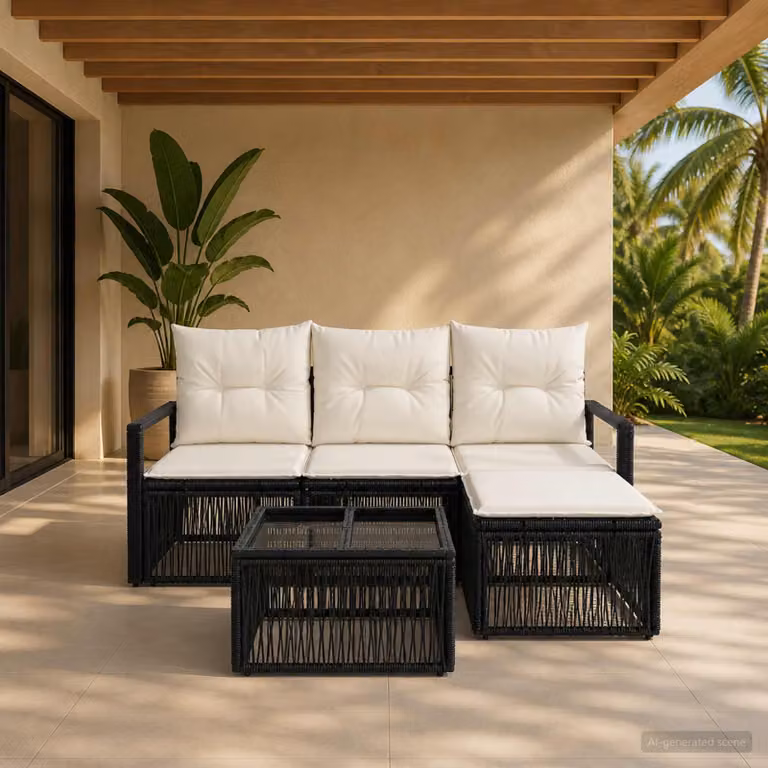 Set Divano da Giardino vidaXL 5 Pezzi a Forma di L con Tavolino e Pouf Nero con Cuscini Imbottiti e Struttura in Metallo