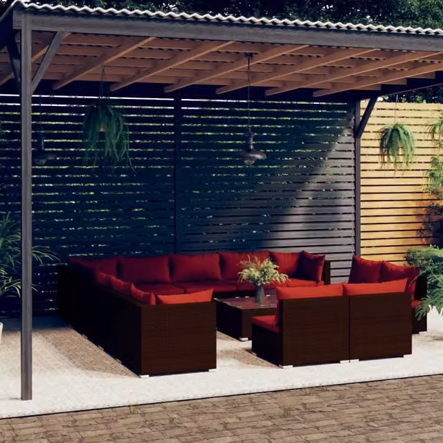 Set di Divani da Giardino vidaXL a Forma di U in Polyrattan Marrone e Rosso con Cuscini e Tavolino da Caffè