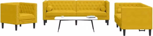 Set di divani Chesterfield vidaXL in velluto giallo composto da 3 pezzi con cuscini coordinati