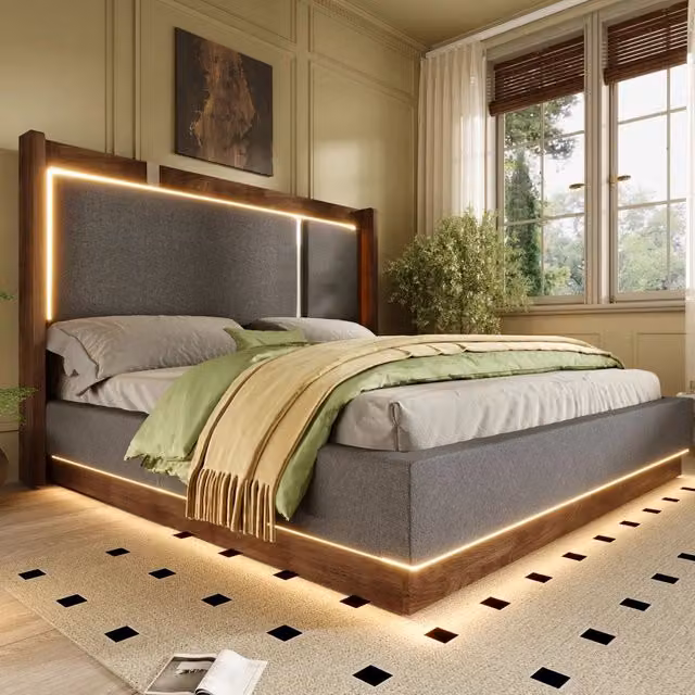 Letto contenitore REDOM con illuminazione LED, tessuto grigio e pannelli effetto noce, L/P/H: 140 x 200 x 50.5 cm