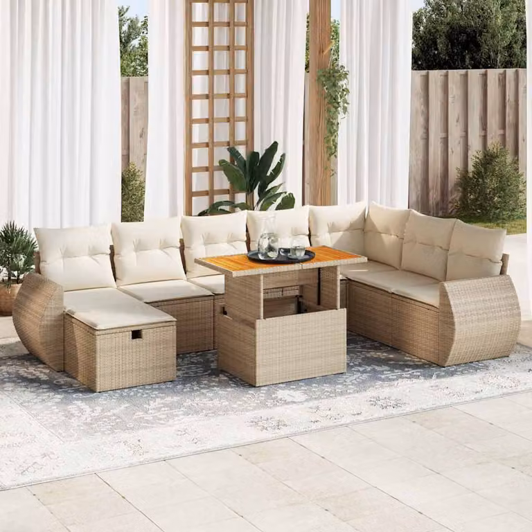 Set Divano da Giardino vidaXL 9 pz in Polyrattan e Legno di Acacia con Cuscini Beige e Tavolino, Forma a U per Esterno