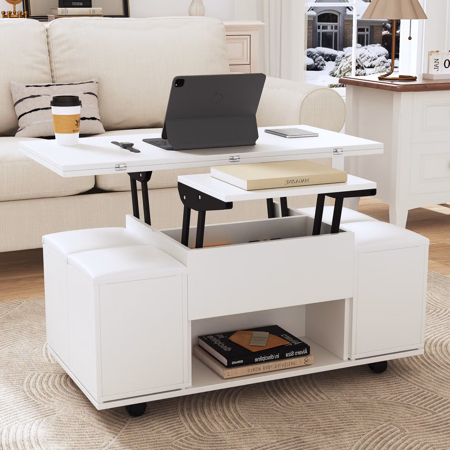 Merax Tavolino multifunzionale sollevabile con vano portaoggetti nascosto, 1 cassetto e 4 sedie, tavolino per il tempo libero design 2 in 1, bianco