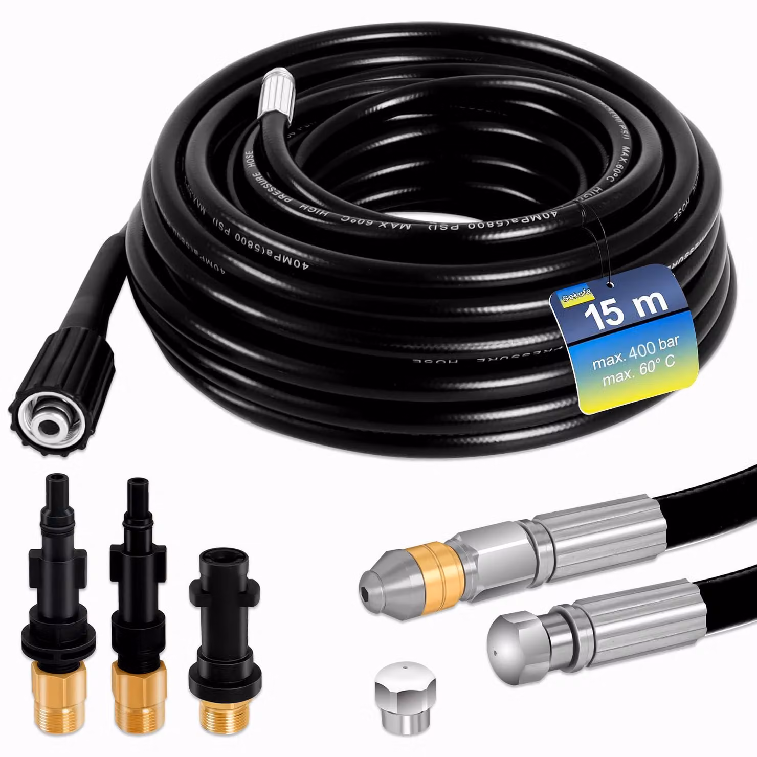 Tubo per pulitore ad alta pressione, lunghezza 15 metri, pressione massima 400 bar, con ugelli