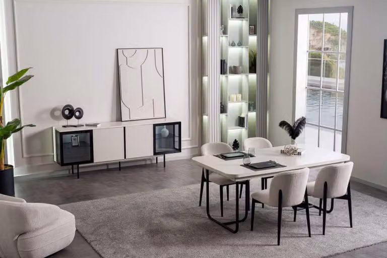 Tavolo da pranzo, sedie, credenza, stile moderno, colore bianco e nero, nuovo, forma quadrata