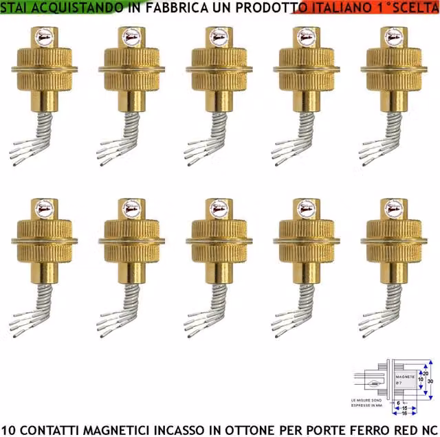 Set di 10 Sensori Magnetici Reed Securvera Contatto Blindato in Ottone Oro per Allarme Apertura Porta o Cancello, Modello da Incasso IP65