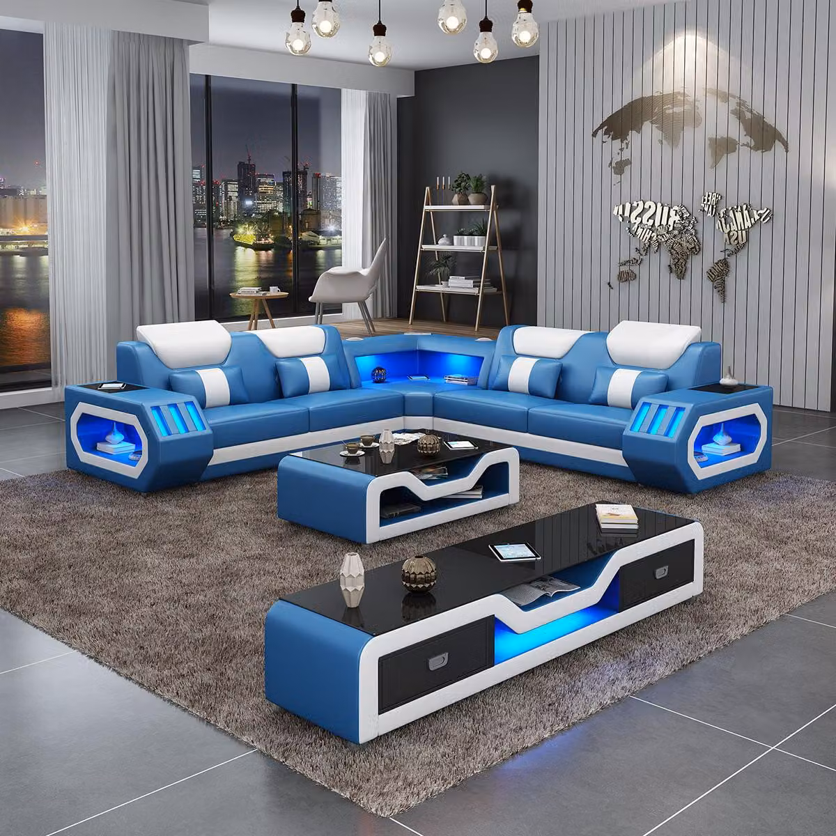 Ecksofa L-Form Couchtisch Sofa Couch Design Polster Leder Modern Blau Tisch