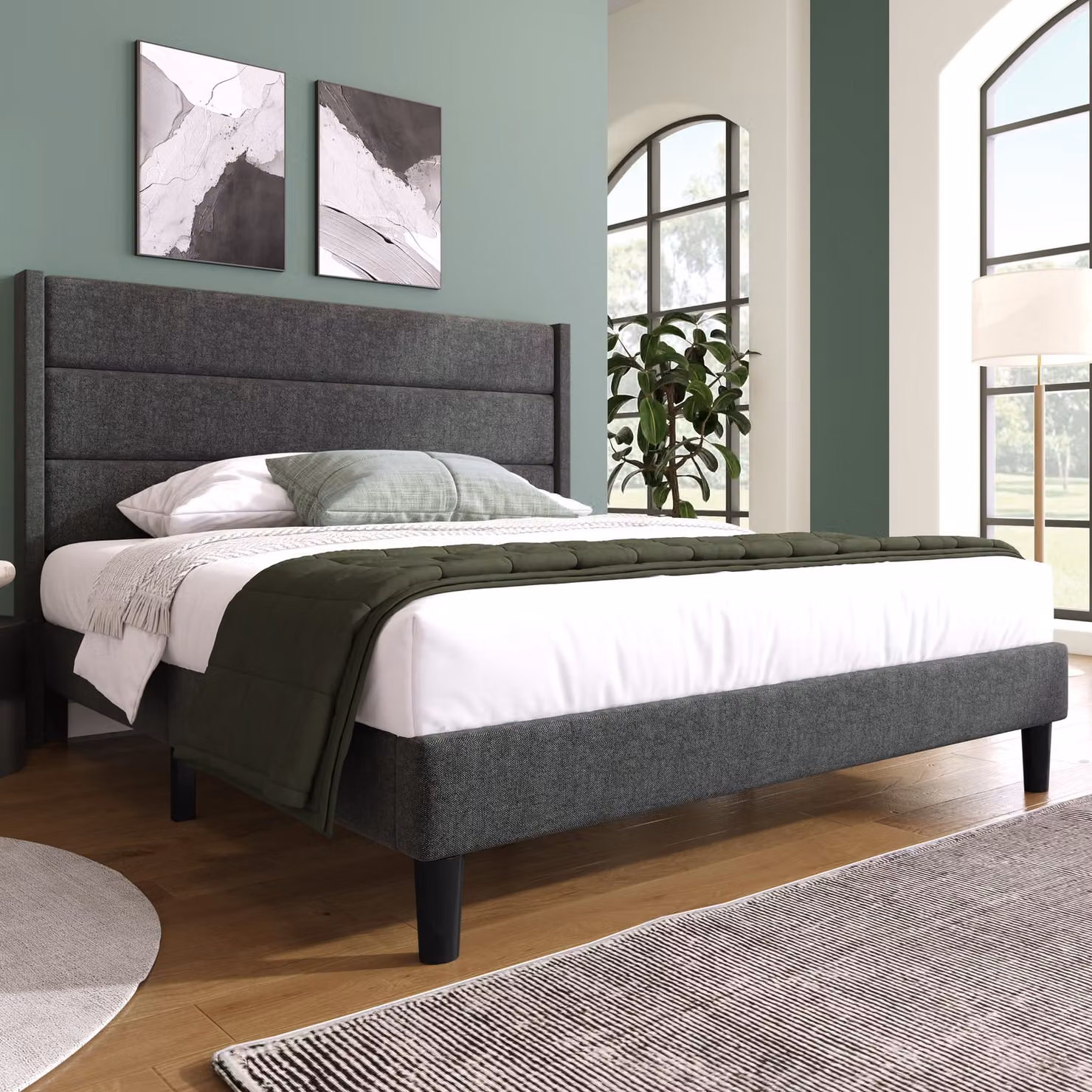 Letto imbottito Flieks 140x200cm con rete a doghe e testata, struttura letto matrimoniale tessuto di lino giovanile, grigio
