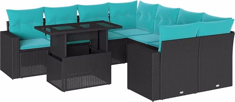 set di divani da giardino da 9 pezzi con cuscini, in polyrattan nero