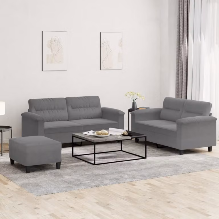 Set di Divani 3 Pezzi vidaXL in Microfibra Grigia con Cuscini per Soggiorno Moderno