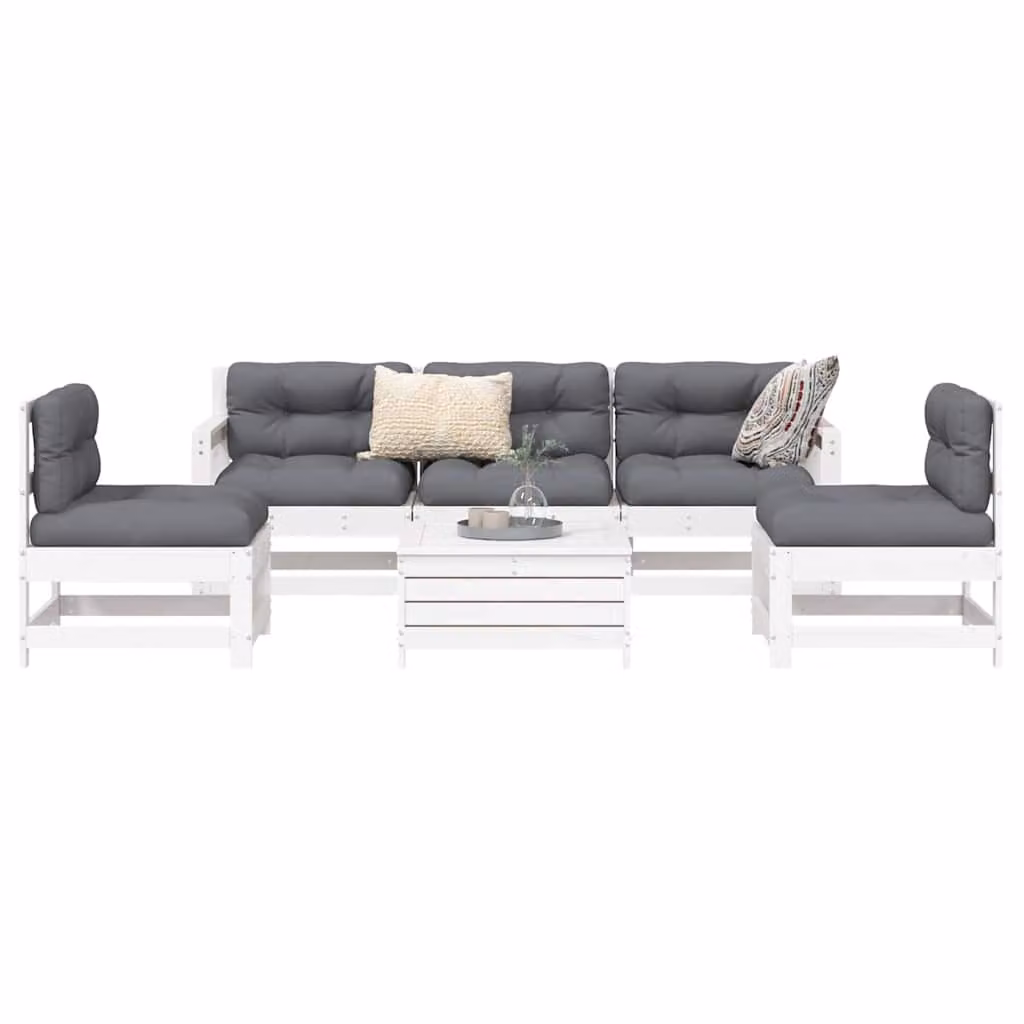 vidaXL Set Divani da Giardino a L in Legno di Pino Bianco con Cuscini, 6 Pezzi