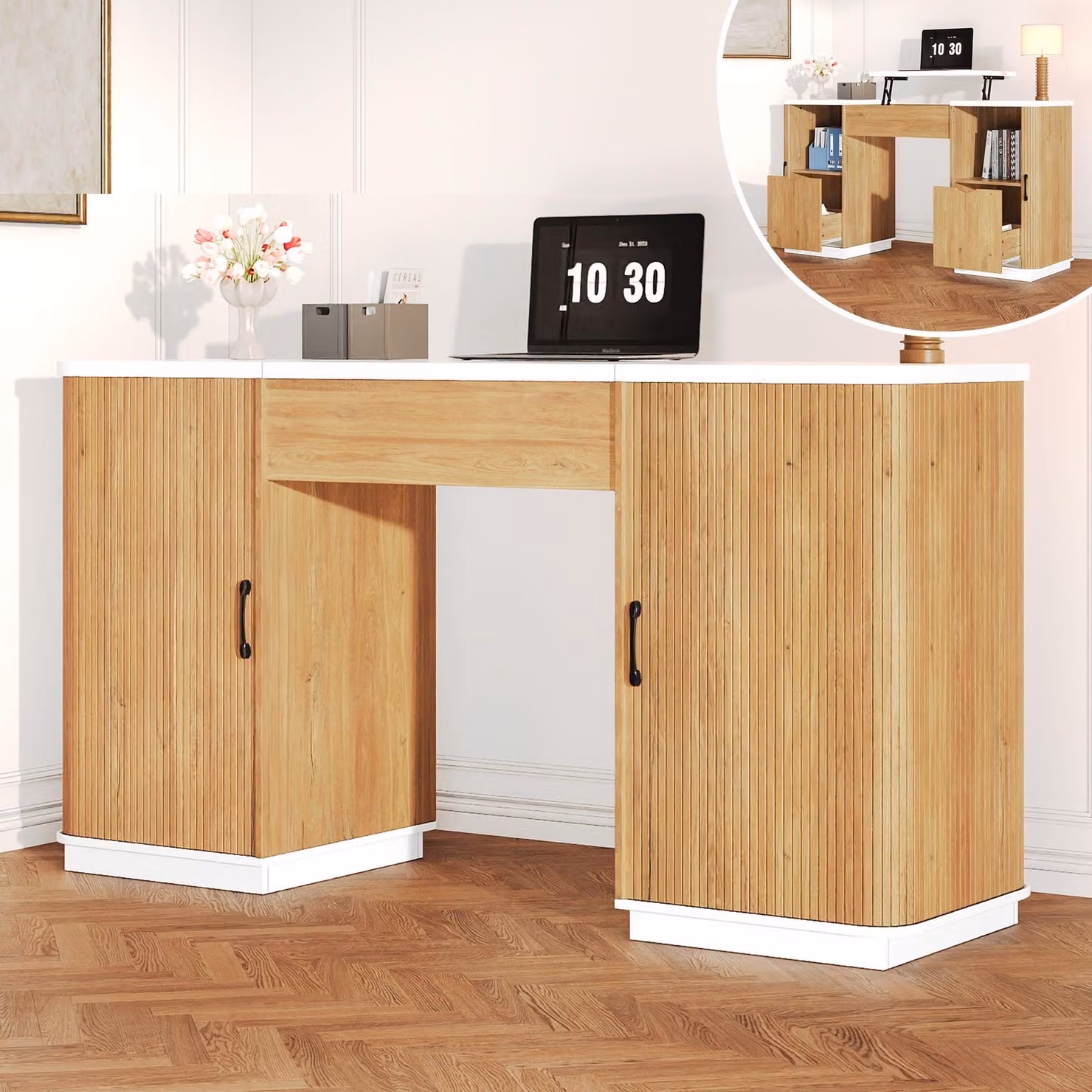 Scrivania regolabile in altezza Merax con spazio contenitivo, 2 cassetti e 2 ripiani aperti, scrivania per computer, scrivania da trucco, 140 x 50 cm, bianco e noce