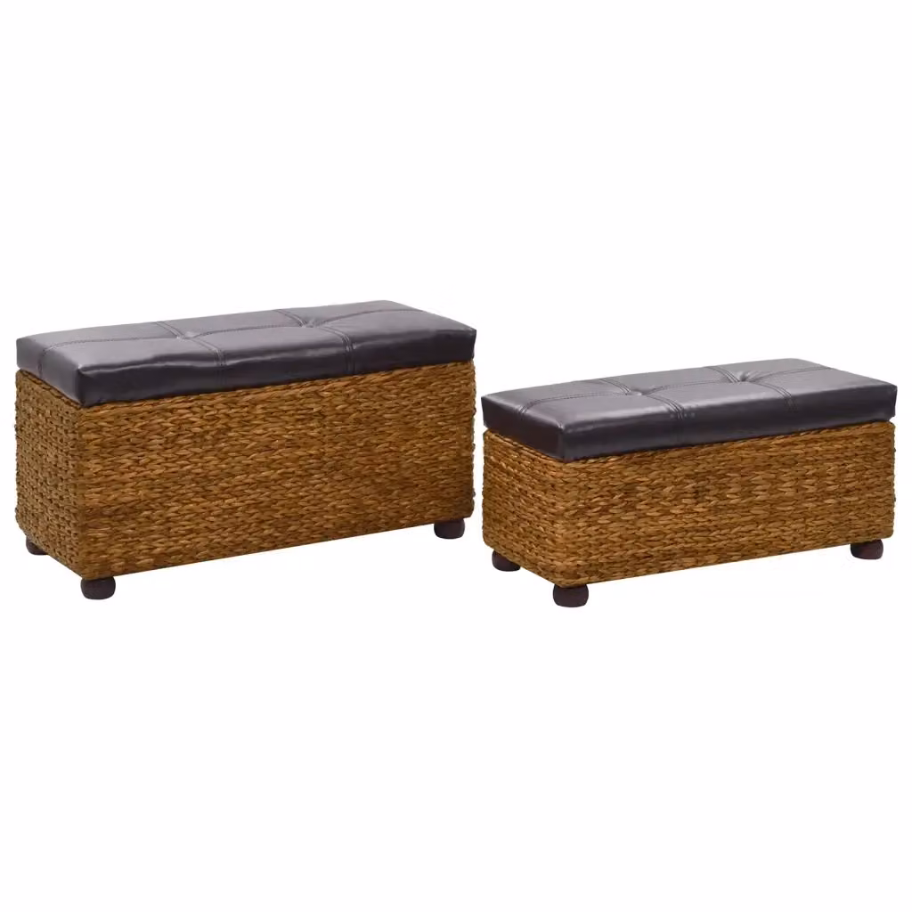 Set di 2 panche vidaXL in legno di pino e rattan con seduta in ecopelle marrone e nera per sala da pranzo – 2
