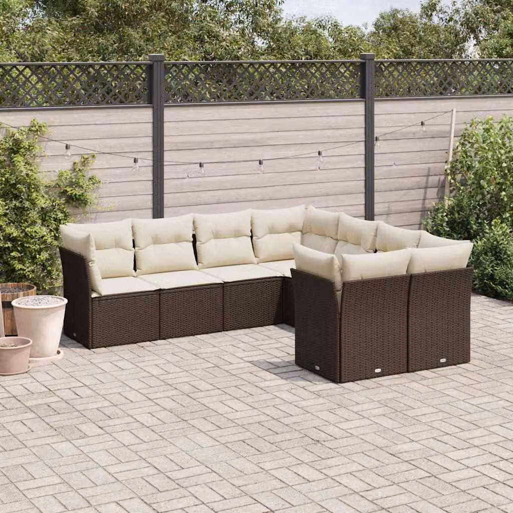 Set di divani da giardino vidaXL a forma di L composto da 8 pezzi in polyrattan marrone con cuscini bianchi imbottiti e resistenti ai raggi UV – 1