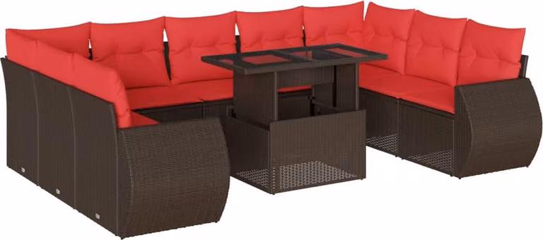 Set Divani da Giardino 10 pz con Cuscini Marrone in Polyrattan
