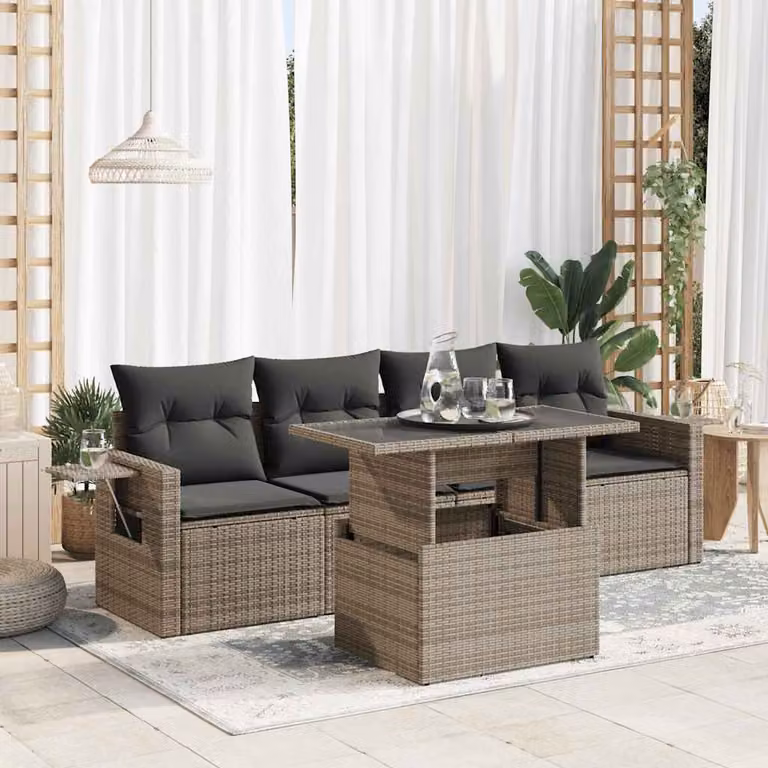 Set Divano da Giardino vidaXL 5 pz in Polyrattan con Cuscini Grigio