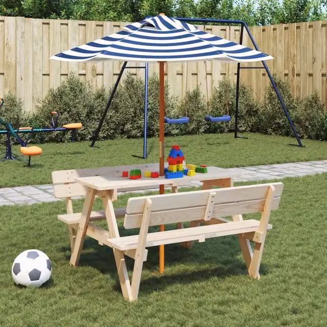 Tavolo da picnic per 4 bambini vidaXL in legno di abete con ombrellone, L: 108 cm, P: 54 cm, H: 90 cm – 1