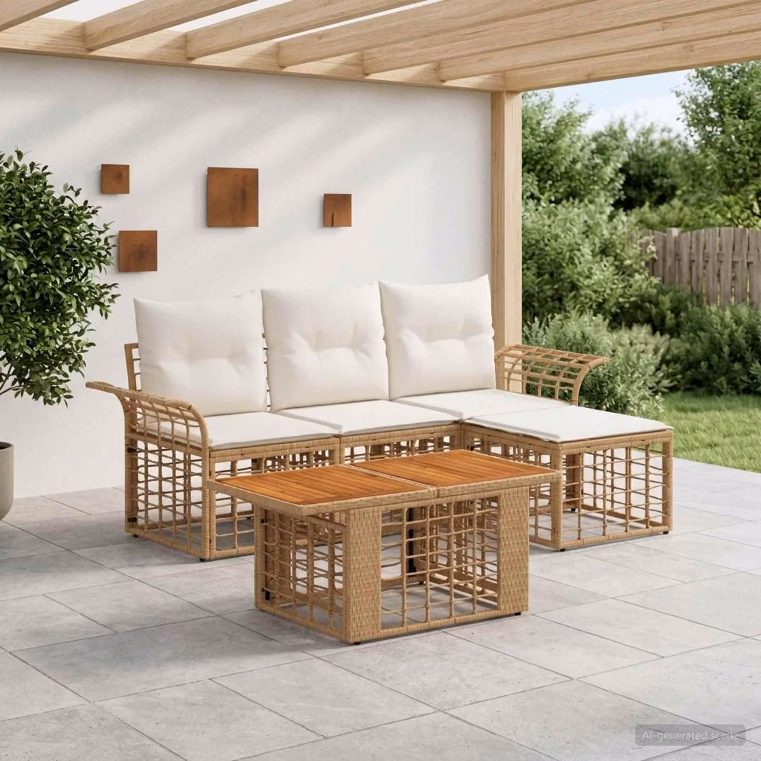 Set Divano da Giardino vidaXL 5 Pezzi a Forma di L con Poltrona, Tavolino e Pouf in Polyrattan, Colore Beige e Bianco con Cuscini Inclusi