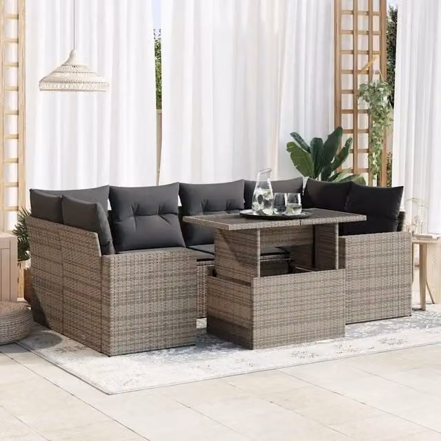 Set Divani da Giardino 7 pz con Cuscini Grigio in Polyrattan 3326271