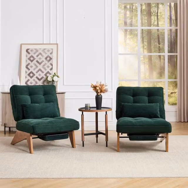 Poltrona relax reclinabile WISHDOR in velluto a coste verde con cuscino lombare e gambe in legno