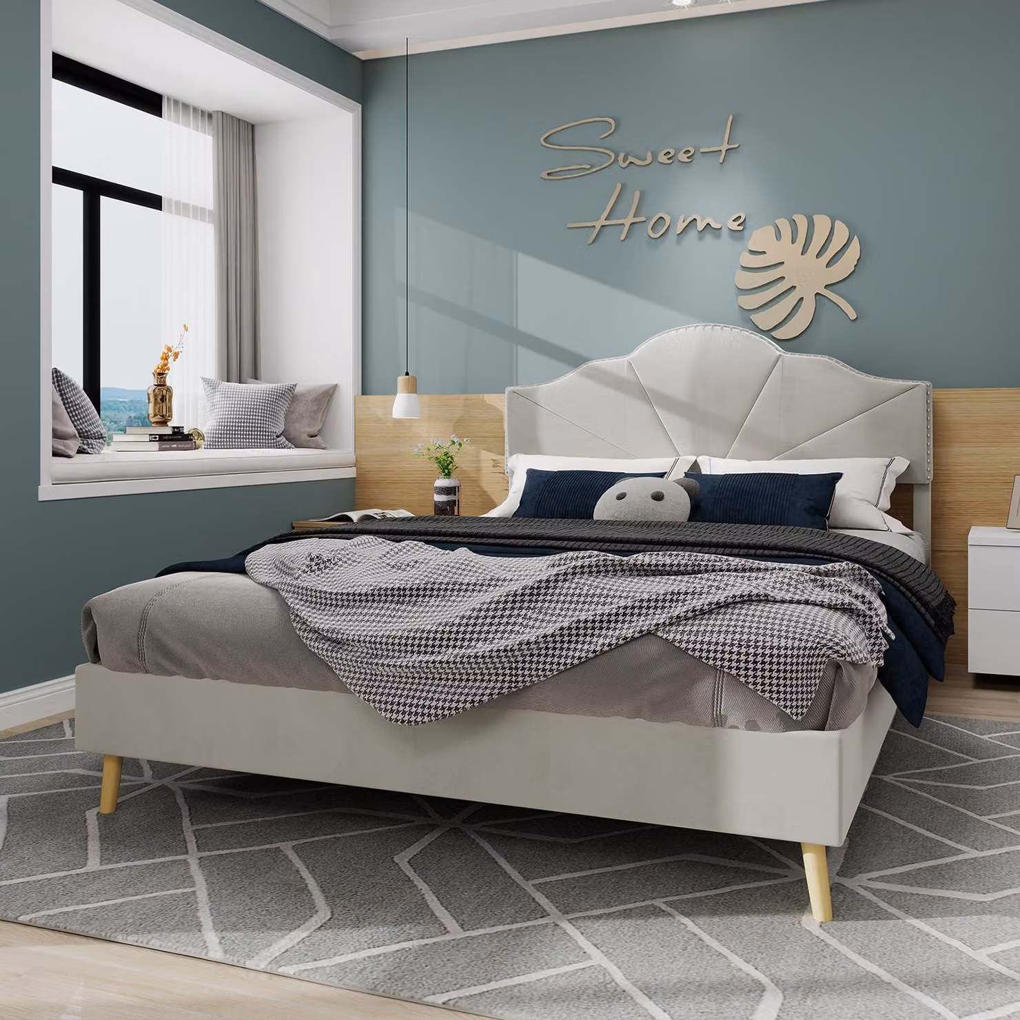 Sweiko Letto moderno minimalista morbido, testata confortevole e morbida, 140x200CM, beige, mobile multifunzionale per la camera da letto, rete bassa senza asta di sollevamento, non include il materasso.