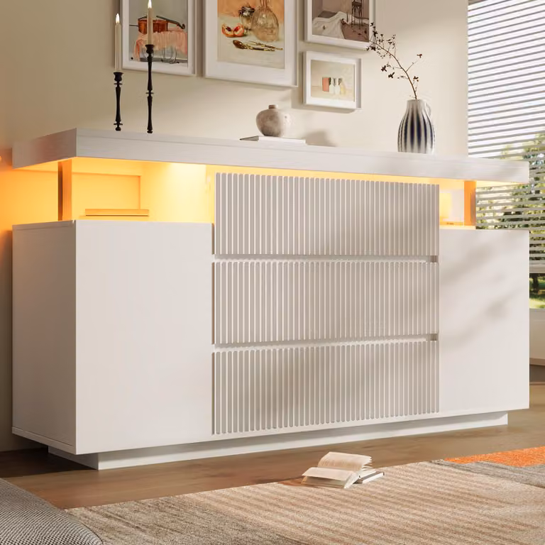 Mobile contenitore Merax con 6 cassetti e 2 ante, comò con illuminazione a LED, mobile da soggiorno con design a listelli e aspetto sospeso, ideale per l'ingresso, colore bianco