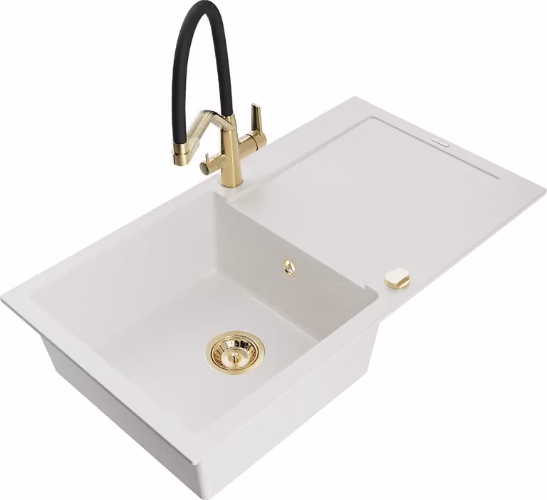 Mexen Leo lavello in granito a 1 vasca con scolapiatti e rubinetto cucina Duo, bianco - 6501-20-671701-57-G