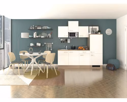 Mobile cucina con elettrodomestici Flex Well Valero 210 cm colore frontale bianco lucido colore mobile rovere sonoma