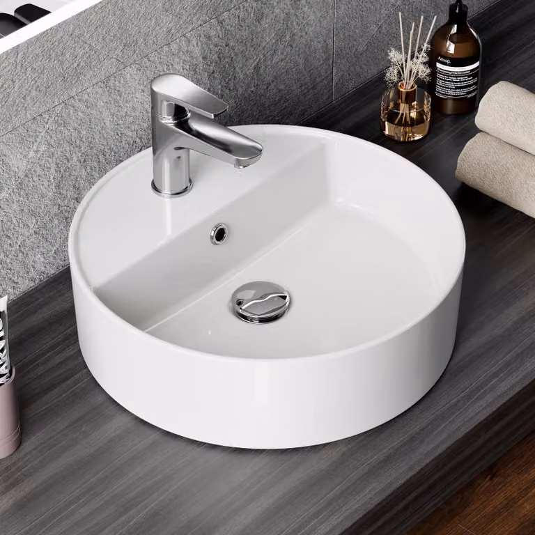 HOROW Lavamano da appoggio, lavabo da appoggio in Vetroceramica 42 cm Rond con foro per rubinetto e troppopieno, lavabo da appoggio per bagno moderno